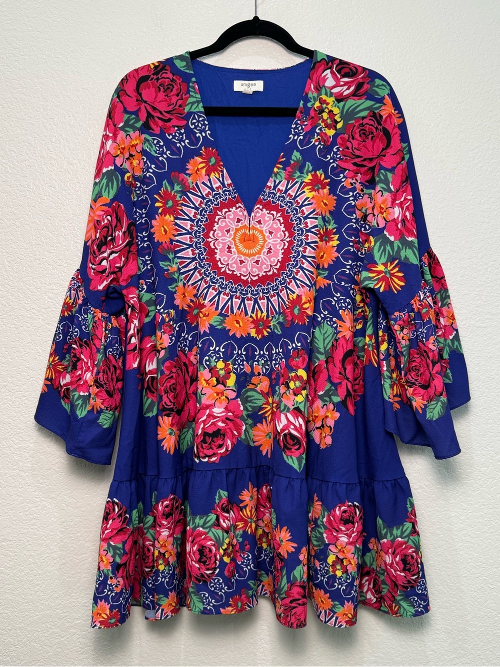 Umgee USA Floral Bell Sleeve Dress S Blue Boho Babydoll V Neck Rayon Mini